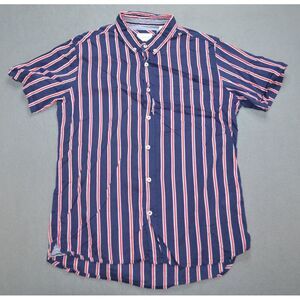7 Diamonds Mens M Rayon/Cotton Short Sleeve‎ Blue Red Striped Button Up Shirt